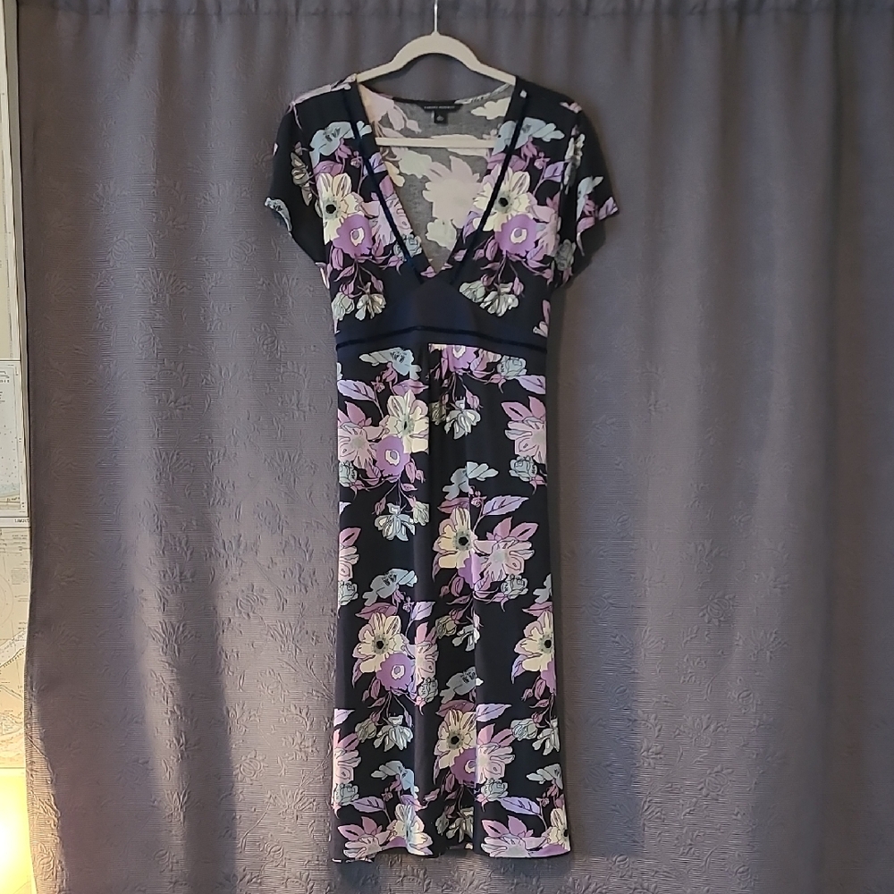 Banana Republic Navy Floral V-Neck Midi Dress, Large, Kentucky Derby,